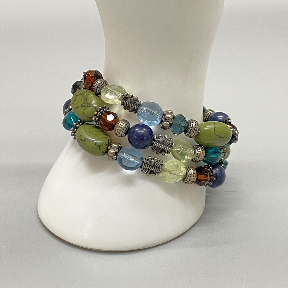 Premiere Designs Beaded Bracelet Costa Rica Spiral Wrap Coil Blue Green Silver